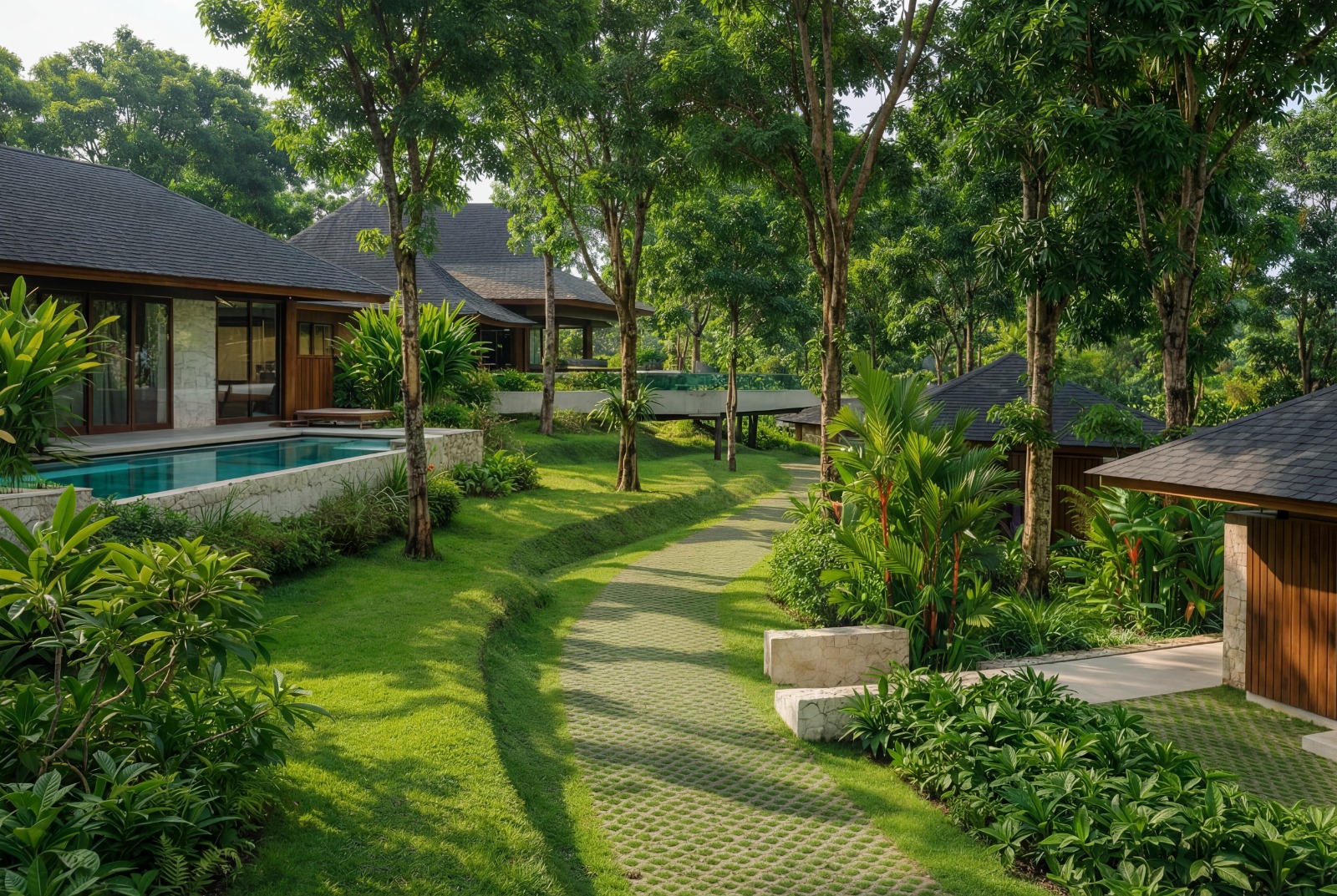 Tier C villas and private pools along a landscaped garden path